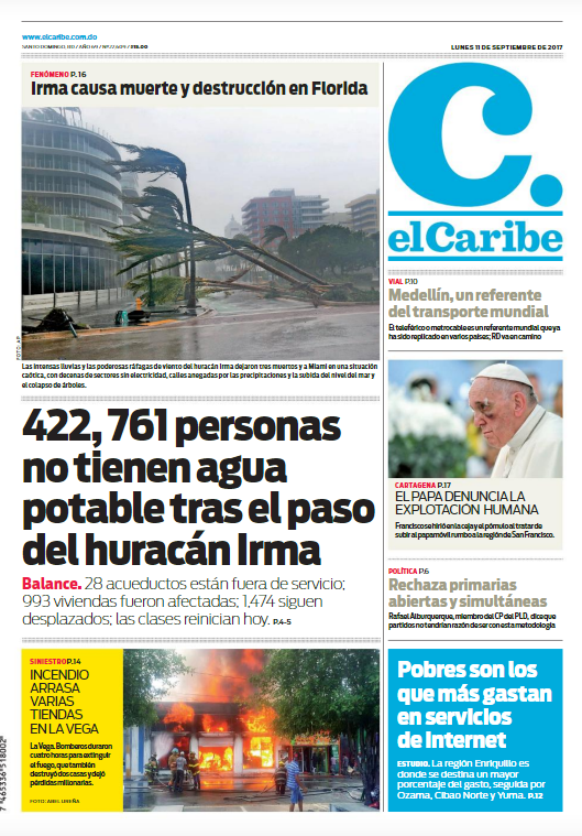 Portada Periódico El Caribe, Lunes 11 de Septiembre 2017