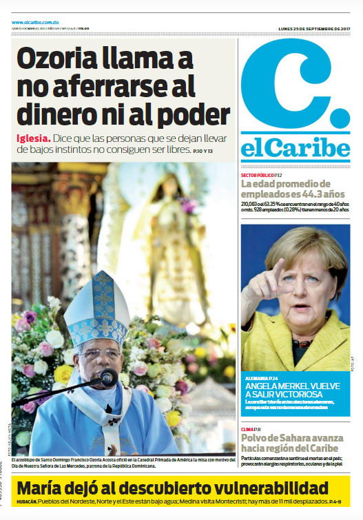 Portada Periódico El Caribe, Lunes 25 de Septiembre 2017