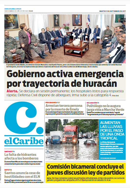Portada Periódico El Caribe, Martes 05 de Septiembre 2017
