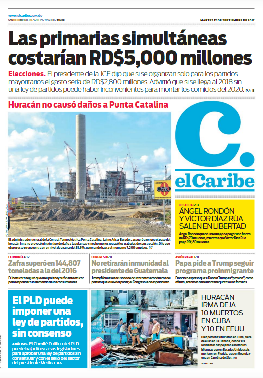Portada Periódico El Caribe, Martes 12 de Septiembre 2017