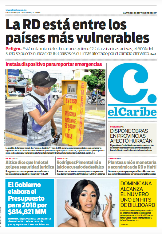 Portada Periódico El Caribe, Martes 26 de Septiembre 2017