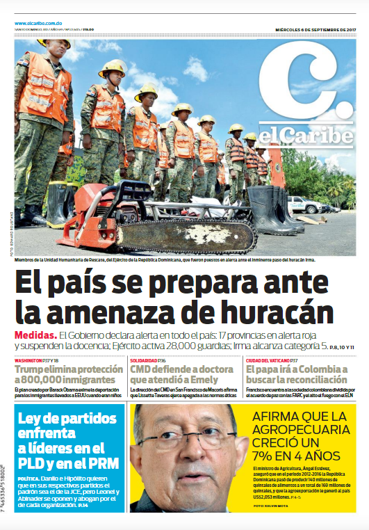 Portada Periódico El Caribe, Miércoles 06 de Septiembre 2017