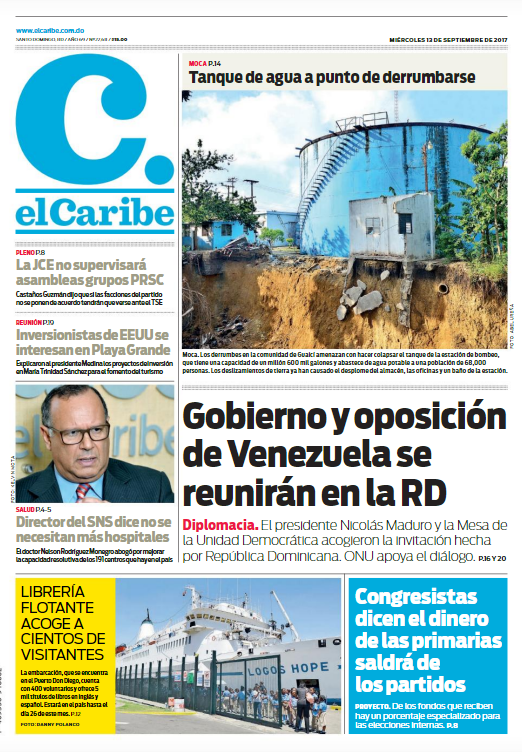 Portada Periódico El Caribe, Miércoles 13 de Septiembre 2017