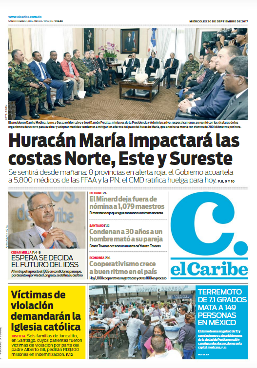 Portada Periódico El Caribe, Miércoles 20 de Septiembre 2017