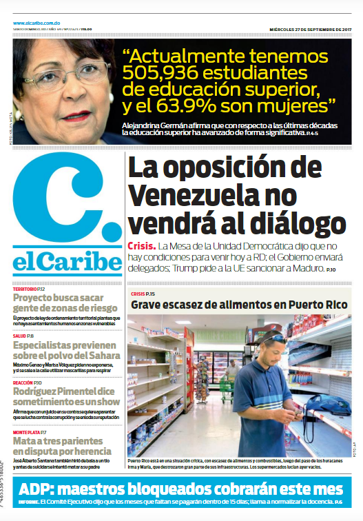 Portada Periódico El Caribe, Miércoles 27 de Septiembre 2017