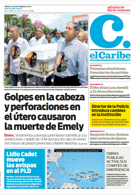 Portada Periódico El Caribe, Sábado 02 de Septiembre 2017