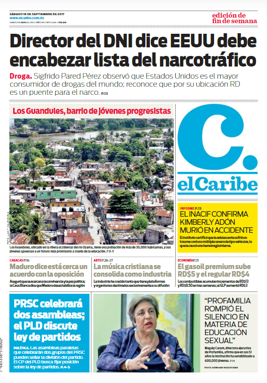 Portada Periódico El Caribe, Sábado 16 de Septiembre 2017