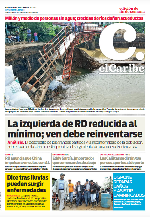 Portada Periódico El Caribe, Sábado 23 de Septiembre 2017