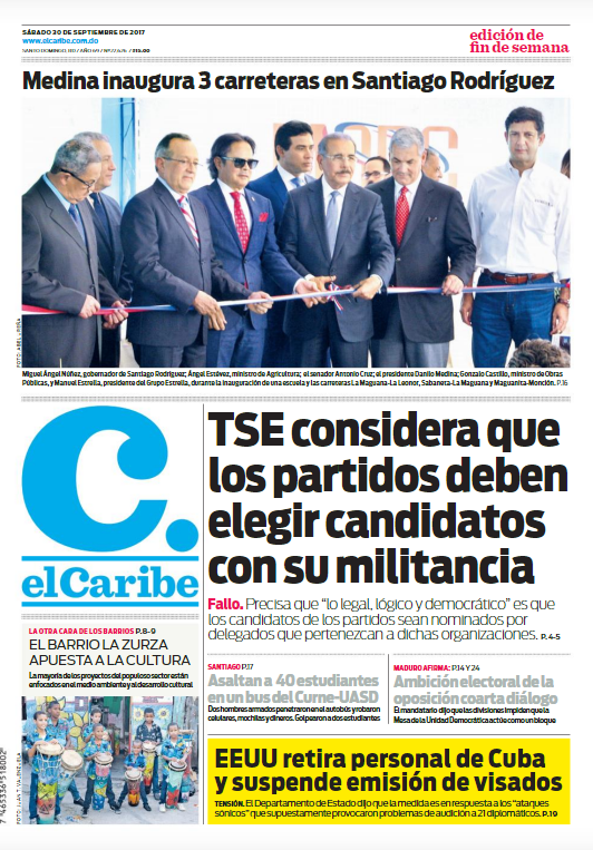 Portada Periódico El Caribe, Sábado 30 de Septiembre 2017