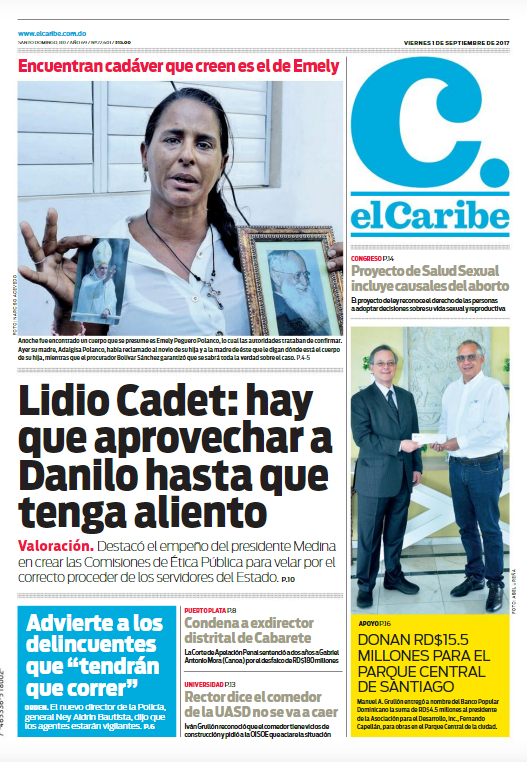 Portada Periódico El Caribe, Viernes 01 de Septiembre 2017