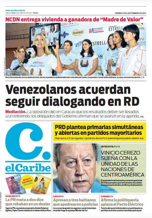 Portada Periódico El Caribe, Viernes 15 de Septiembre 2017