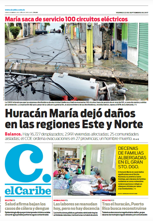 Portada Periódico El Caribe, Viernes 22 de Septiembre 2017