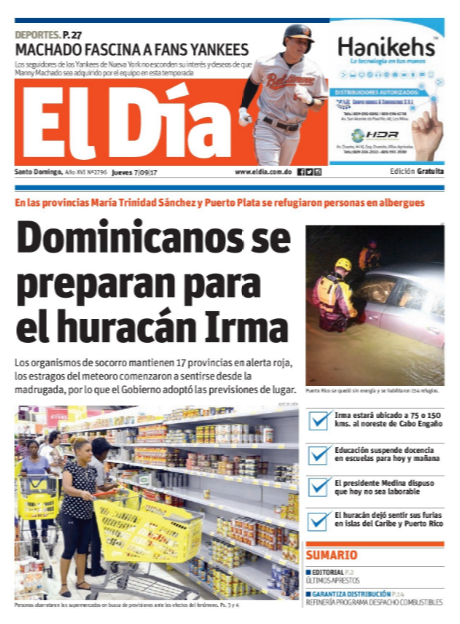 Portada Periódico El Día, Jueves 07 de Septiembre 2017