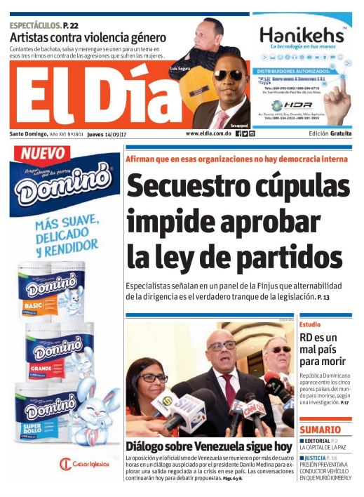 Portada Periódico El Día, Jueves 14 de Septiembre 2017