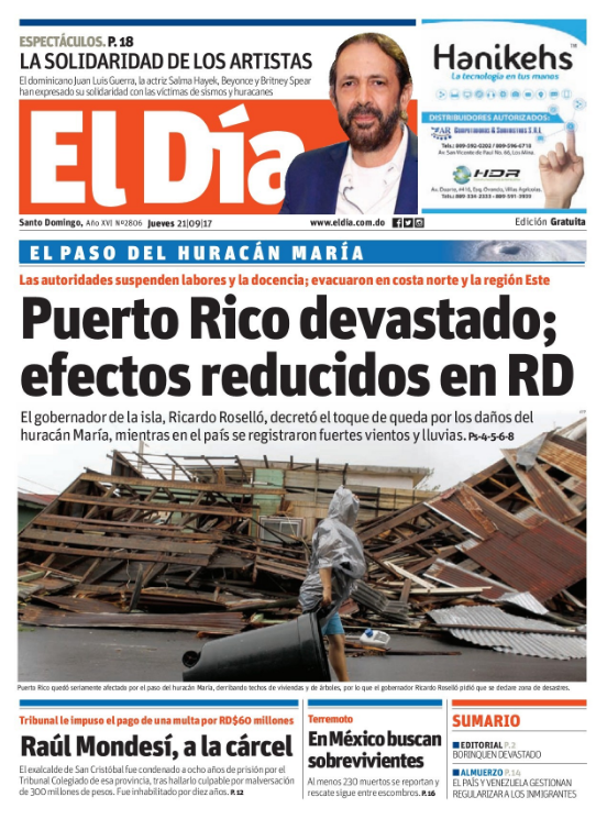 Portada Periódico El Día, Jueves 21 de Septiembre 2017