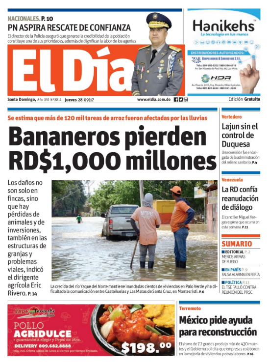 Portada Periódico El Día, Jueves 28 de Septiembre 2017