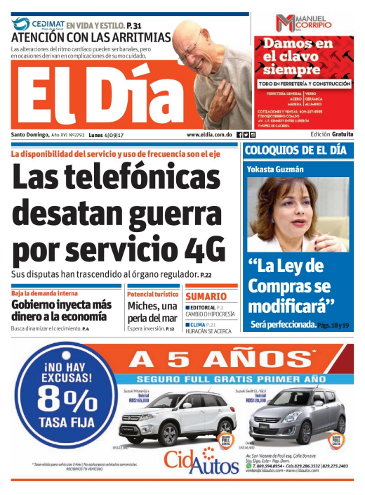 Portada Periódico El Día, Lunes 04 de Septiembre 2017
