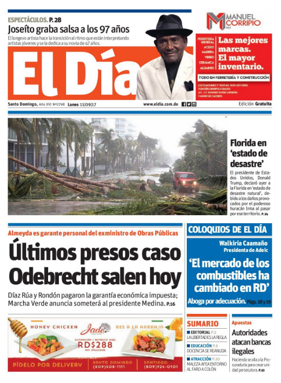 Portada Periódico El Día, Lunes 11 de Septiembre 2017