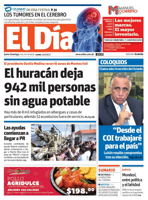 Portada Periódico El Día, Lunes 25 de Septiembre 2017