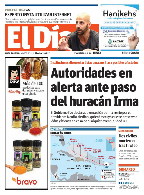 Portada Periódico El Día, Martes 05 de Septiembre 2017