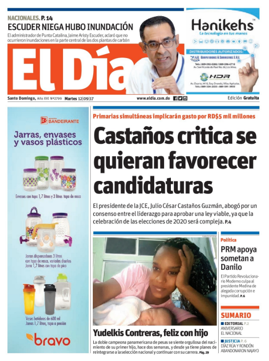 Portada Periódico El Día, Martes 12 de Septiembre 2017