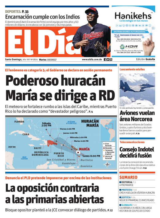 Portada Periódico El Día, Martes 19 de Septiembre 2017