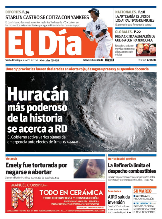 Portada Periódico El Día, Miércoles 06 de Septiembre 2017