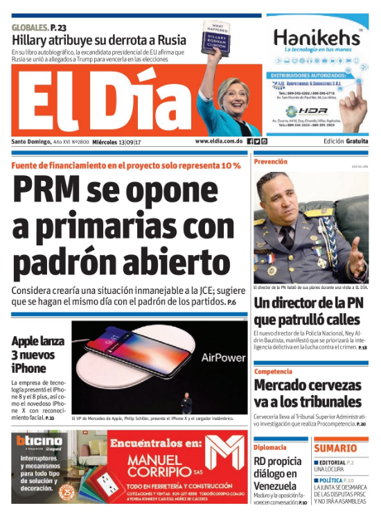 Portada Periódico El Día, Miércoles 13 de Septiembre 2017