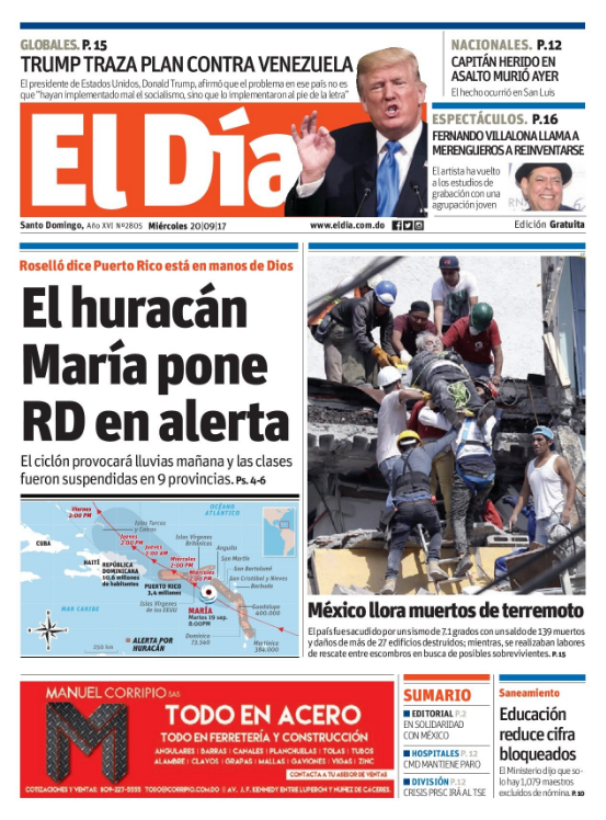 Portada Periódico El Día, Miércoles 20 de Septiembre 2017