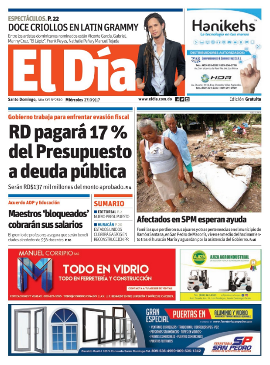 Portada Periódico El Día, Miércoles 27 de Septiembre 2017