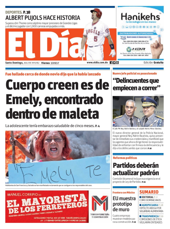 Portada Periódico El Día, Viernes 01 de Septiembre 2017