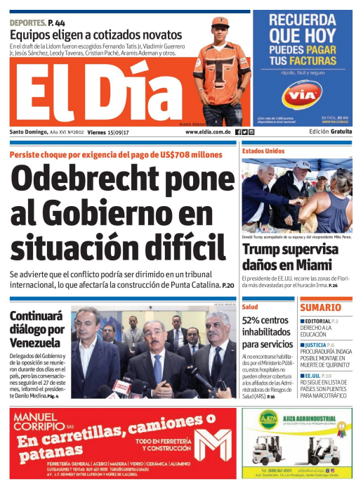 Portada Periódico El Día, Viernes 15 de Septiembre 2017