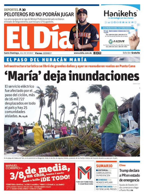Portada Periódico El Día, Viernes 22 de Septiembre 2017