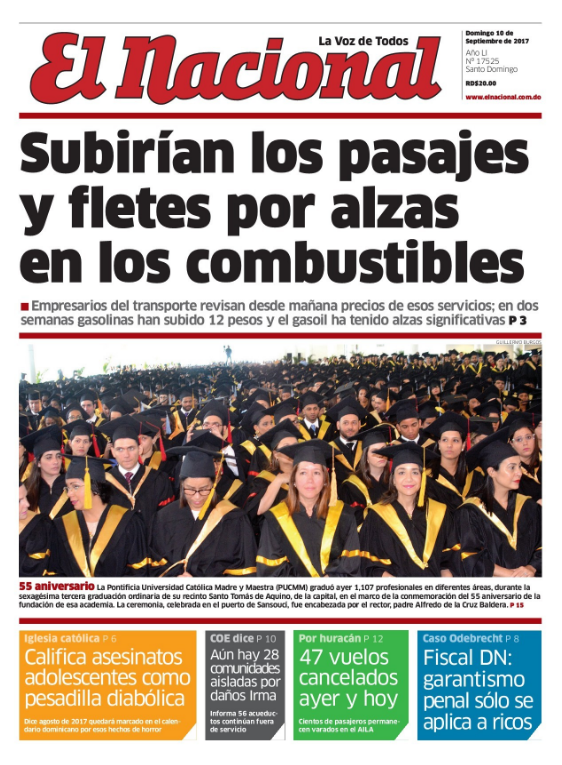 Portada Periódico El Nacional, Domingo 10 de Septiembre 2017