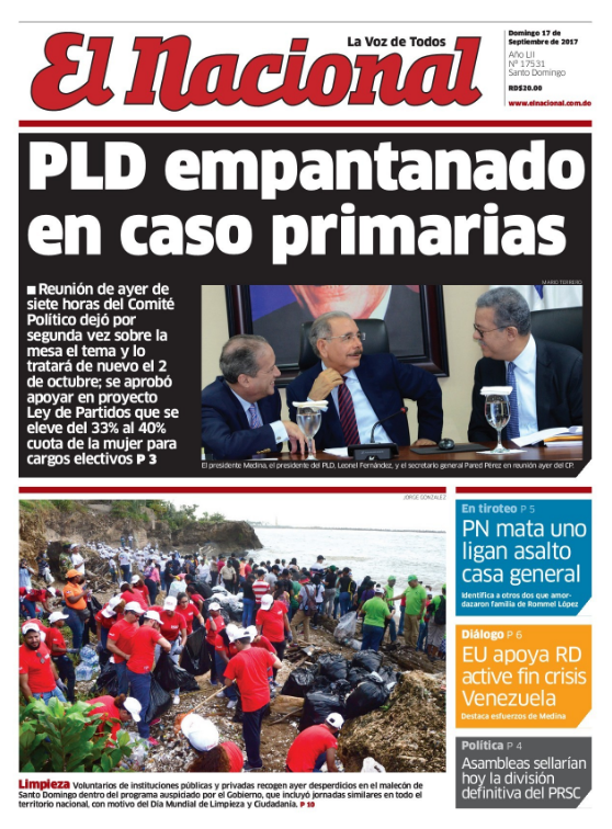 Portada Periódico El Nacional, Domingo 17 de Septiembre 2017
