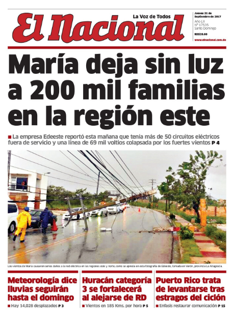 Portada Periódico El Nacional, Jueves 21 de Septiembre 2017