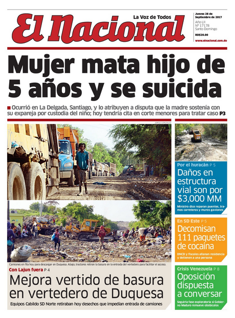 Portada Periódico El Nacional, Jueves 28 de Septiembre 2017