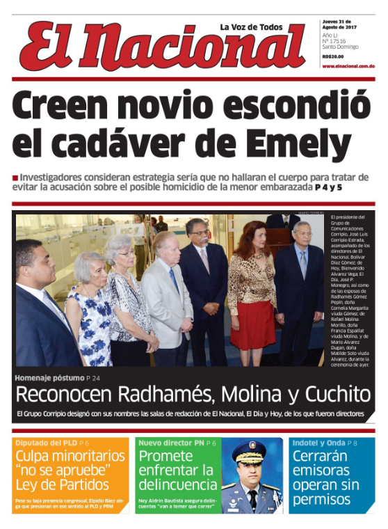 Portada Periódico El Nacional, Jueves 31 de Agosto 2017