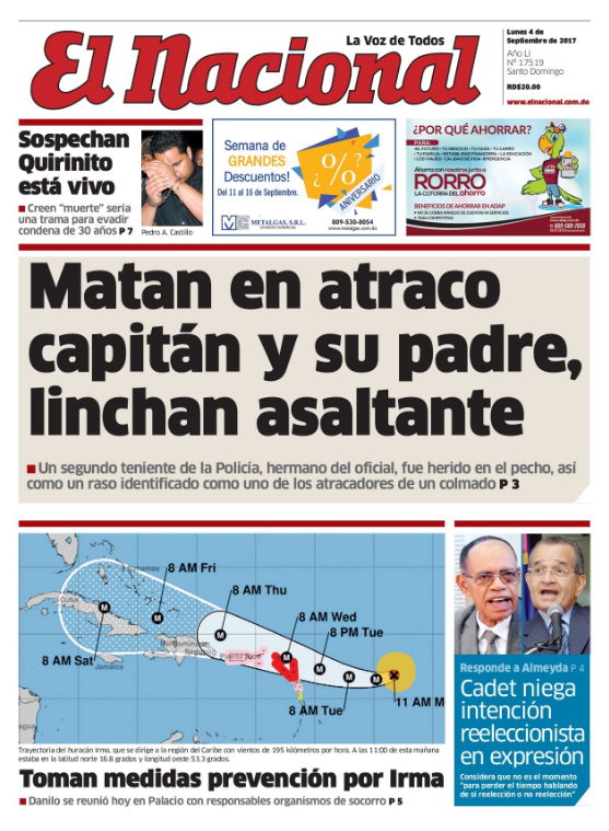 Portada Periódico El Nacional, Lunes 04 de Septiembre 2017