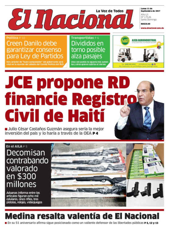Portada Periódico El Nacional, Lunes 11 de Septiembre 2017