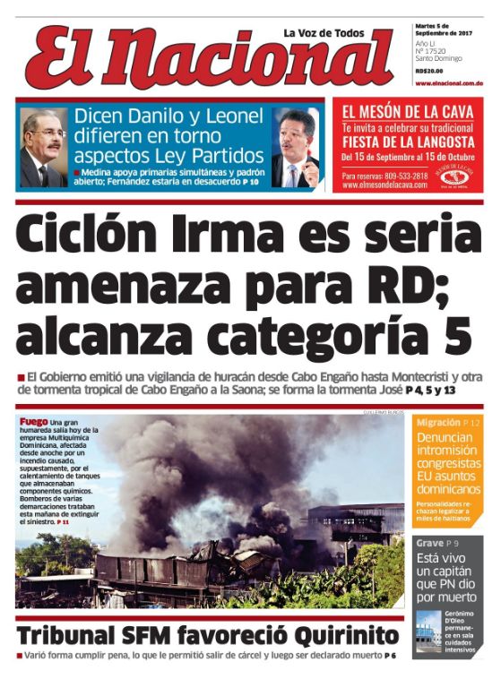 Portada Periódico El Nacional, Martes 05 de Septiembre 2017