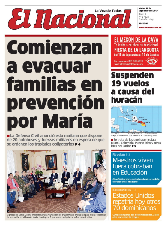 Portada Periódico El Nacional, Martes 19 de Septiembre 2017