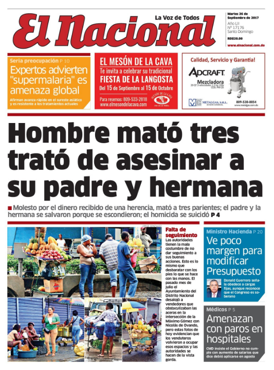 Portada Periódico El Nacional, Martes 26 de Septiembre 2017