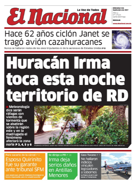 Portada Periódico El Nacional, Miércoles 06 de Septiembre 2017