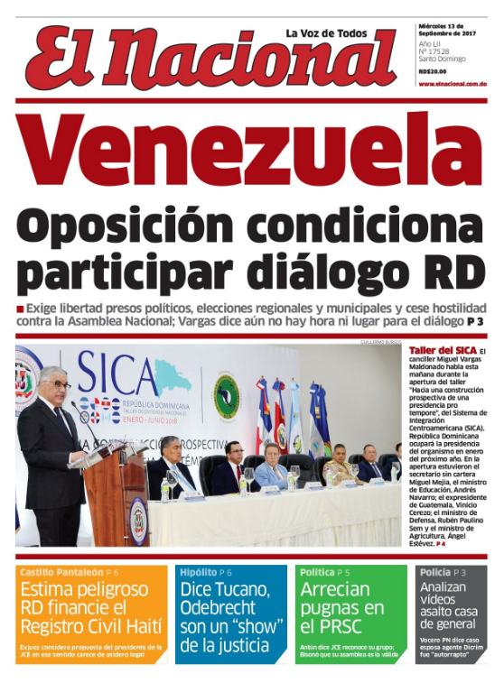 Portada Periódico El Nacional, Miércoles 13 de Septiembre 2017