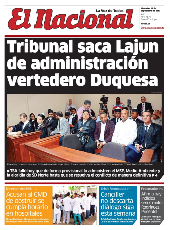 Portada Periódico El Nacional, Miércoles 27 de Septiembre 2017