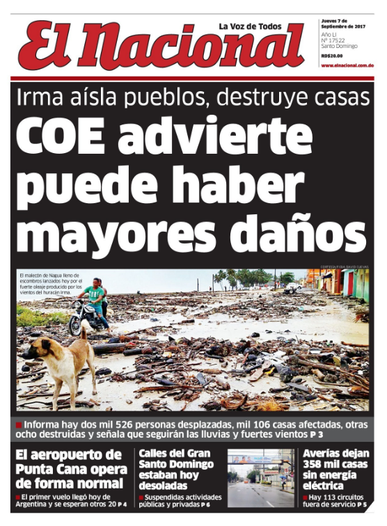 Portada Periódico El Nacional, Viernes 08 de Septiembre 2017