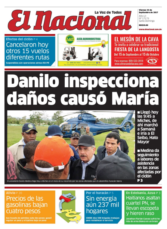 Portada Periódico El Nacional, Viernes 22 de Septiembre 2017
