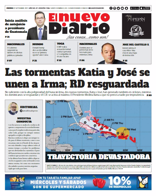 Portada Periódico El Nuevo Diario, Jueves 07 de Septiembre 2017