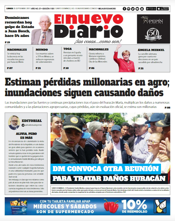 Portada Periódico El Nuevo Diario, Lunes 25 de Septiembre 2017